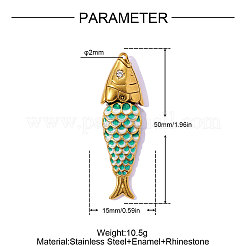 304ステンレススチールエナメルペンダント  魚のチャーム  ラインストーン付き  イオンプレーティング（ip）  グリーン  18KGP本金メッキ  50x15mm  穴：2mm&nbsp;STAS-A26-03-26