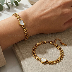 304ステンレススチールと天然貝殻のリンクブレスレット  女性用ウィートリンクチェーンブレスレット  ハート  ゴールドカラー  6.69インチ（17cm）&nbsp;WG3EE75-01