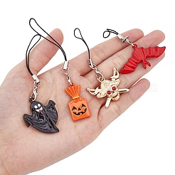 ハロウィーンのための携帯電話のストラップ  合金エナメル パンダンとナイロン コード ループ付き  猫/幽霊/かぼちゃ/コウモリ/海賊  混合模様  7.8~9.2cm  12個/セット  1セット/ボックス&nbsp;HJEW-FH0006-48