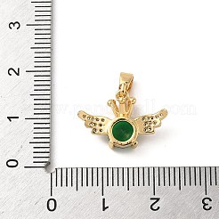 真鍮製マイクロパヴェキュービックジルコニアペンダント  翼付きのフラットラウンド  18KGP本金メッキ  グリーン  12x18x6mm  穴：4.5x2.5mm&nbsp;KK-P334-02G-02