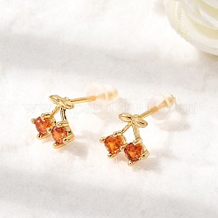 チェリー真鍮マイクロパヴェキュービックジルコニアスタッドピアス  ニッケルフリー  18KGP本金メッキ  7.5x8mm&nbsp;EJEW-P331-08G