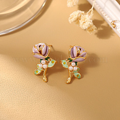 Flower Brass & Imitation Pearl Stud Earrings&nbsp;FS-WG24618-01