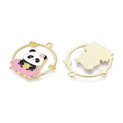 合金エナメルチャーム  フラットラウンド＆パンダと花のチャーム  ライトゴールド  ピンク  28.5x26.5x1.5mm  穴：1.8mm&nbsp;ENAM-T021-80A-G