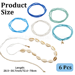 6個 6スタイル ボヘミアン ナチュラル シェルとプラスチック ビーズ ウエストチェーン セット  合金製のヒトデチャーム付き  ゴールドカラー  ミックスカラー  724~780mm  1個/スタイル&nbsp;AJEW-CP0011-36