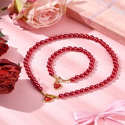 2個 2スタイル ABSプラスチック模造真珠ネックレス&ブレスレットセット 女性用  合金エナメルペンダント付き  クリムゾン  222~422mm&nbsp;SJEW-FS00006