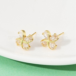 Flower Brass Micro Pave Clear Cubic Zirconia Stud Earrings&nbsp;EJEW-U064-03A-G