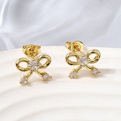 Bowknot Brass Micro Pave Clear Cubic Zirconia Stud Earrings for Women&nbsp;LS-EJEW-G460-03G