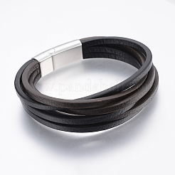 レザーコード多連ブレスレット  304ステンレススチール製マグネット留め具付き  ブラック  8-5/8インチ（22cm）&nbsp;BJEW-F325-16P