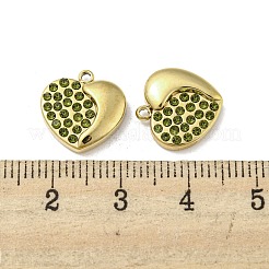 本物の14Kゴールドメッキ304ステンレススチールチャーム  ラインストーン付き  ハート  かんらん石  13.5x13x3mm  穴：1.4mm&nbsp;STAS-L022-063G-01