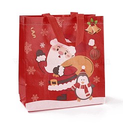 クリスマステーマラミネート不織布防水バッグ  ヘビーデューティストレージ再利用可能なショッピングバッグ  ハンドル付き長方形  ファイヤーブリック  サンタクロース模様  26.8x12.2x28.7cm&nbsp;ABAG-B005-01B-01