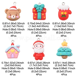 24 個 6 スタイルのクリスマス不透明樹脂ペンダント  プラチナトーンの鉄ループ付き  家とサンタクロースとクリスマスツリー  混合図形  ミックスカラー  24~32x17~22x6~8.5mm  穴：2x2.1~2.7mm  4個/スタイル&nbsp;RESI-FS0001-43