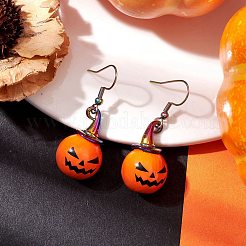 ハロウィンテーマの合金製木製カボチャダングルイヤリング  女性用304ステンレスジュエリー  虹色  48x16mm&nbsp;EJEW-JE05850-02