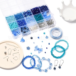 DIY ジュエリーセット ファインディングキット  ステンレススチールのピアスフックとピンを含む  合金の留め金  ガラス＆アクリルビーズ  伸縮性のある糸  ブルー&nbsp;DIY-FS0008-58
