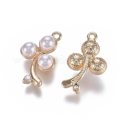 真鍮チャーム  キュービックジルコニアとアクリル模造パールビーズ  花  18KGP本金メッキ  16x10x5mm  穴：1mm&nbsp;KK-K379-09G