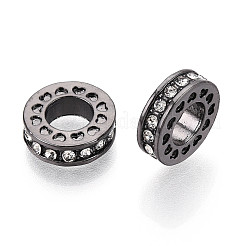 合金ヨーロピアンビーズ  大穴ビーズ  ラインストーン付き  フラットラウンド  ブラック  11x3.5mm  穴：5mm&nbsp;MPDL-S066-010C-EB