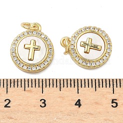真鍮製マイクロパヴェキュービックジルコニアペンダント  シェルと丸カン付き  16KGP本金メッキ  クロス  15x12.5x3mm  穴：3.5mm&nbsp;KK-A282-01G-03