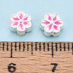 スターリングシルバーエナメルビーズ925個  花  銀色のメッキ  ショッキングピンク  6x6x3mm  穴：1.2mm&nbsp;STER-T008-35A