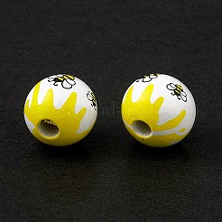印刷された天然木のヨーロッパのビーズ  大穴ビーズ  蜂模様のラウンド  きいろ  16mm  穴：4mm&nbsp;WOOD-C015-09B