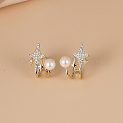 シェルパール付き真鍮スタースタッドピアス  クリアキュービックジルコニア ハーフフープピアス  18KGP本金メッキ  17x13mm&nbsp;SG5479