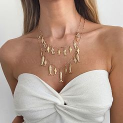 ボヘミアンオーシャン亜鉛合金＆鉄製マルチフィッシュペンダントダブルレイヤーネックレス（女性用）  ゴールドカラー  17.72インチ（45cm）および21.65インチ（55cm）  2個/セット&nbsp;WG627B2-01