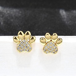 クリアキュービックジルコニア ドッグクロープリント スタッドピアス  女性のためのラックメッキ真鍮ジュエリー  カドミウムフリー＆鉛フリー  18KGP本金メッキ  9.5x10mm  ピン：0.7mm&nbsp;EJEW-C035-02G