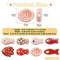 12個 8種類の手作り磁器ビーズ  魚  ファミーユは磁器バラ  レッド  17~25x10~20.5x5.5~8mm  穴：1.8~2mm&nbsp;PORC-FS0001-61