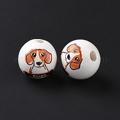 プリントウッドヨーロピアンビーズ  大穴ビーズ  ビーグル犬の模様で丸く  オレンジ  15.5~16x14.5~15mm  穴：4.6mm&nbsp;WOOD-B005-02D