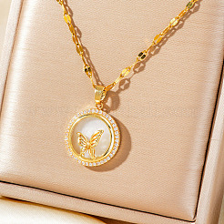 Brass Clear Cubic Zirconia Flat Round Butterfly Pendant Dapped Chain Necklaces for Women&nbsp;WA9125