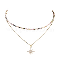 Brass Micro Pave Cubic Zirconia Star Pendant Natural Multicolor Tourmaline Faceted Round Beaded & 304 Stainless Steel Satellite Chain Double Layer Necklaces&nbsp;NJEW-JN05467