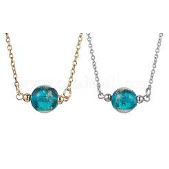 2Pcs 2 Colors Handmade Gold Sand Lampwork Round Pendant 304 Stainless Steel Cable Chain Necklaces&nbsp;NJEW-JN05376
