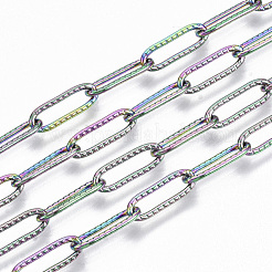イオンプレーティング（IP）304ステンレススチールテクスチャペーパークリップチェーン  描かれた細長いアズキチェーン  ハンダ付け  虹色  12x4x1mm  約39.37インチ（1m）/連&nbsp;CHS-S006-JN954-3