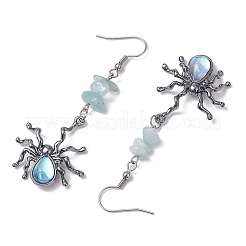ハロウィン合金樹脂スパイダーペンダント＆304ステンレススチールダングルイヤリング（女性用）  天然アクアマリンチップビーズ付き  ガンメタ色  67x28mm&nbsp;EJEW-JE06233