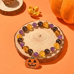 天然混合宝石ラウンドビーズストレッチブレスレット、ハロウィーン用合金エナメルカボチャチャーム付き  カラフル  内径：2-1/8インチ（5.5cm）&nbsp;BJEW-TA00271
