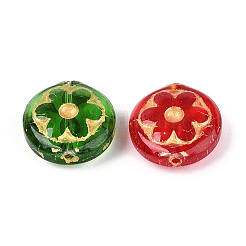 花のガラスビーズが付いたフラットラウンド  ゴールドライン入り  ミックスカラー  17x7mm  穴：1.2mm&nbsp;GLAA-T025-59M
