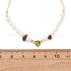 Natural Tiger Eye Chip and Rice Natural Pearl Beaded Necklaces&nbsp;GG-CBA3297-15G-A