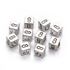 合金ヨーロピアンビーズ  大穴ビーズ  番号の立方体  アンティークシルバー  NUM。8  7x7x7mm  穴：5mm&nbsp;PALLOY-WH0065-52H