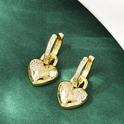 ブラスマイクロパヴェクリアキュービックジルコニアフープピアス  ハートチャーム  カドミウムフリー＆鉛フリー  ラックめっき  長持ちメッキ  18KGP本金メッキ  27x14mm&nbsp;EJEW-S275-01G