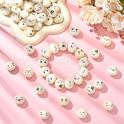 100 個のプリント木製ヨーロッパビーズ  笑顔でラウンド  古いレース  20mm  穴：5mm  11スタイル&nbsp;WOOD-CJ0002-78