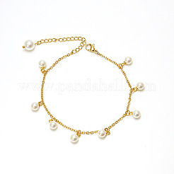 Plastic Imitation Pearl White Round Tassel 304 Stainless Steel Chain Anklets for Women&nbsp;FS-WG0F4BB-01