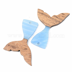 不透明な樹脂とクルミ材のペンダント  人魚フィッシュテールの形  コーンフラワーブルー  39x28x3mm  穴：2mm&nbsp;X-RESI-S389-032A-C01