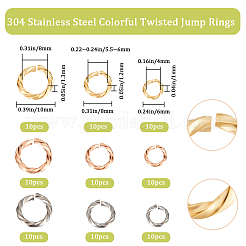 90個 9スタイル 304ステンレススチールオープン丸カン  チェーンメイル織り用  ツイストラウンド  ミックスカラー  6~10x1~1.3mm  内径：4~8mm  10個/スタイル&nbsp;STAS-BBC0002-95