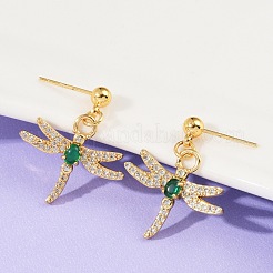 Dragonfly Brass Micro Pave Cubic Zirconia Dangle Stud Earrings&nbsp;EJEW-F895-15G