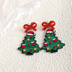 蝶結びのクリスマスツリーのアクリル製ダングルスタッドピアス  プラチナ  グリーン  52.8x36.5mm&nbsp;FS-WGFA79E-01