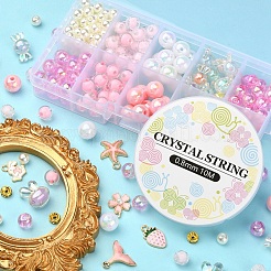 DIYかわいいストレッチブレスレット作りキット  模造真珠とキャンディーのアクリルビーズを含む  ウサギ＆サクラ＆ストロベリー＆ホエールテール＆ダイヤモンドアロイエナメルペンダント  ピンク  0.8mm  約10.93ヤード（10m）/ロール  1roll&nbsp;DIY-YW0005-77B