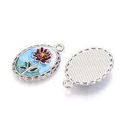メッキ合金エナメルチャームラック  楕円形と花  プラチナ  25.5x18x3.5mm  穴：1.8~2mm&nbsp;ENAM-N065-12P
