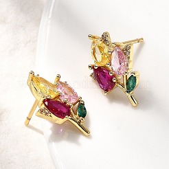 Brass Micro Pave Cubic Zirconia Flower Stud Earrings&nbsp;EJEW-P322-12G