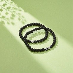 2 個天然溶岩ストレッチ ブレスレット セット  heart & word m and f アクリル ビーズ カップル ブレスレット ベスト フレンド 恋人  内径：2-3/8インチ（6cm）&nbsp;BJEW-JB08673-01