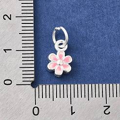 スターリングシルバーのエナメルピンクフラワーチャーム925個  丸カンとスタンプ925個付き  銀  11x7x3.5mm  穴：4.5mm&nbsp;STER-A048-08S