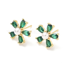 花の真鍮キュービックジルコニアスタッドピアス  absプラスチックパール  カドミウムフリー＆鉛フリー  長持ちメッキ  ラックめっき  18KGP本金メッキ  グリーン  13.5x14mm&nbsp;EJEW-P336-06G-07