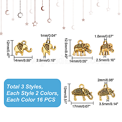 96個6スタイルチベットスタイルアロイペンダント  象  アンティークシルバー＆アンティーク金色  11~13x8.5~17x1.5~3.5mm  穴：1~2mm  16個/スタイル&nbsp;TIBEP-PH0001-55